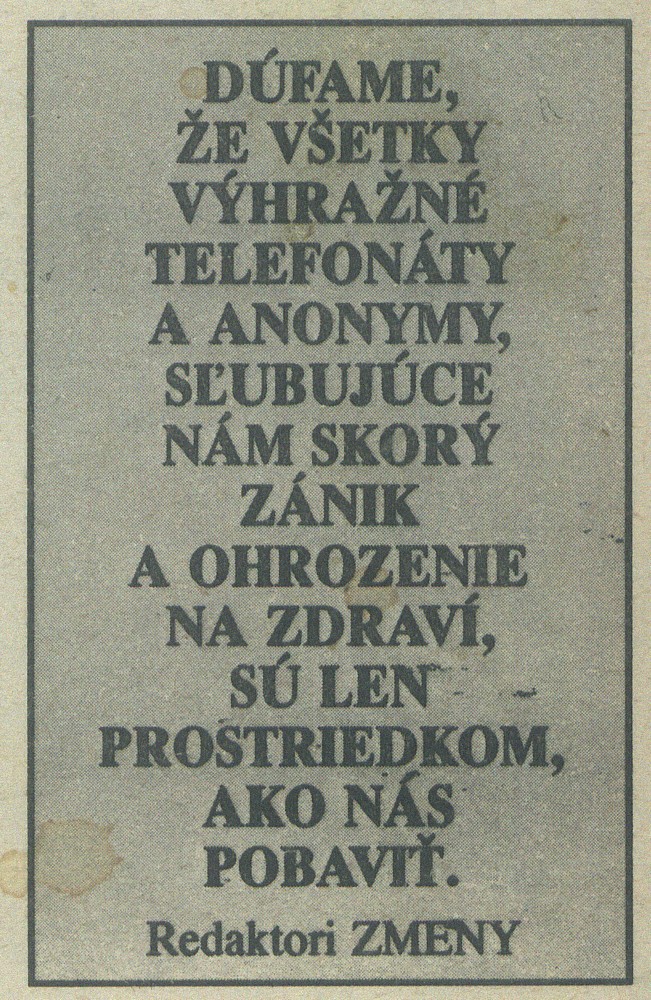 Výhražné telefonáty a anonymy, časopis Zmena. 1990. Univerzitná knižnica v Bratislave